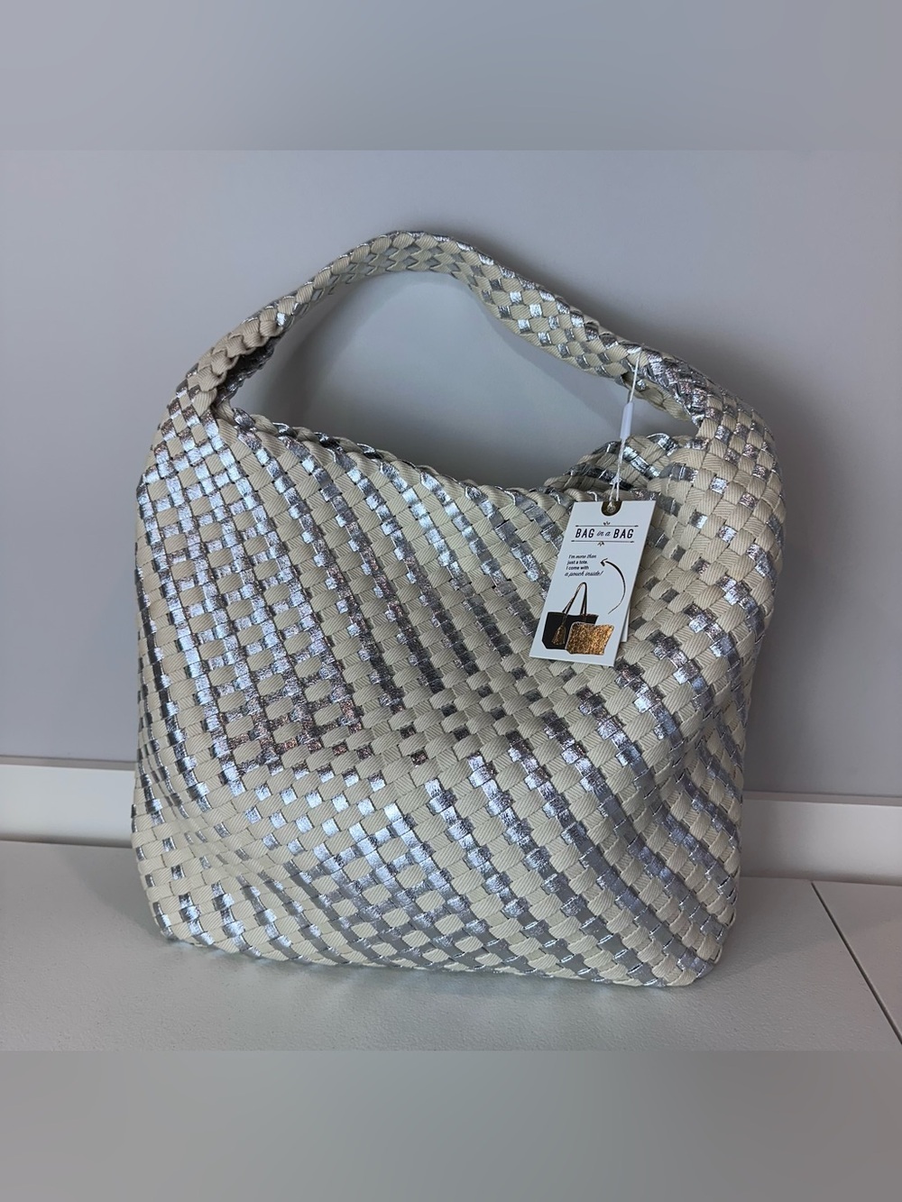 NEW Moda Luxe Bag in a Bag Silver Ivory Ellery Hobo Shoulder Weave Purse Bag